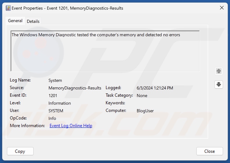 Open Memory Diagnostic results log