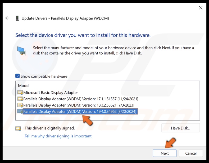 Select a compatible driver from the drivers list and click Next