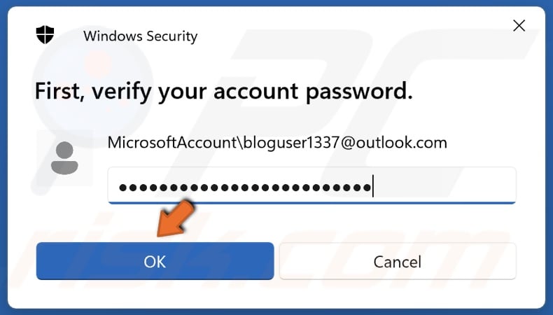 Enter your Microsoft account pasword and click OK