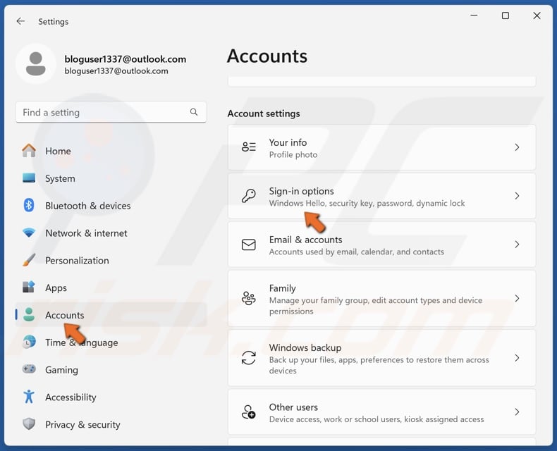 Select the Accounts panel and click Sign-in options