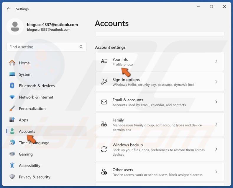 Select the Accounts panel and click Your Info