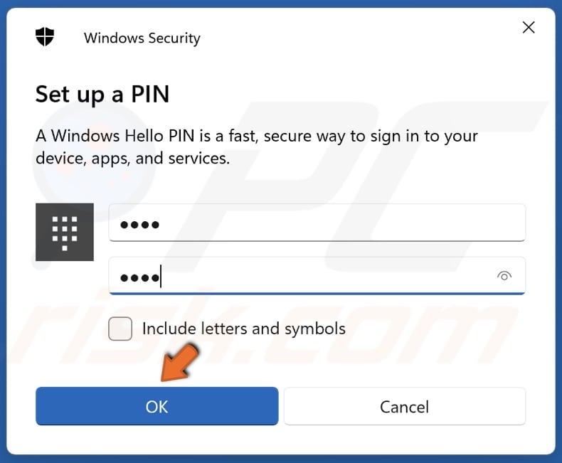 Create a new PIN and click OK