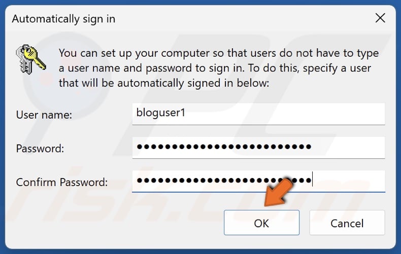Enter your Microsoft account password twice and click OK