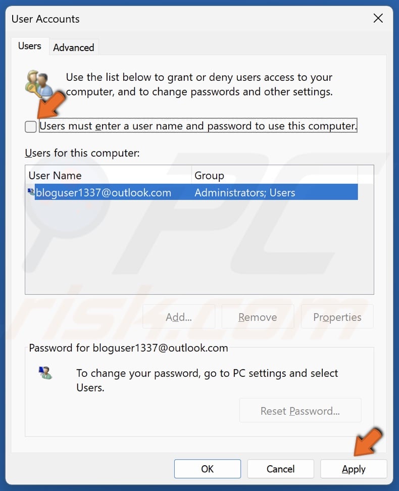 Unmark Users must enter a user name and password to use this computer