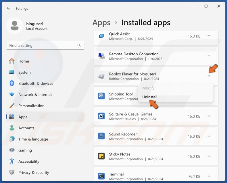 Click the three-dot button next to Roblox Player and click Uninstall