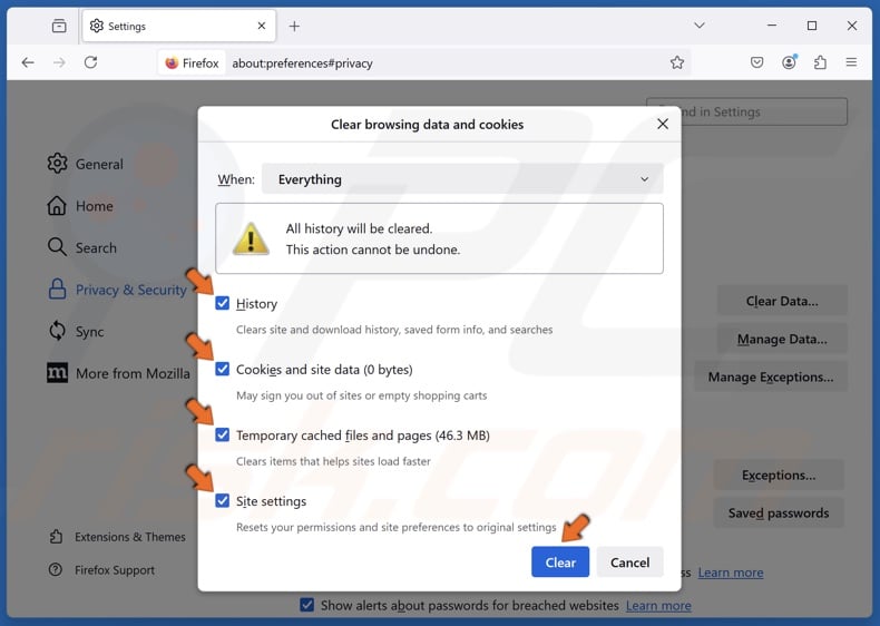 Ensure that the History, Cookies and site data, Temporary cached files and pages, and Site settings checkboxes are marked