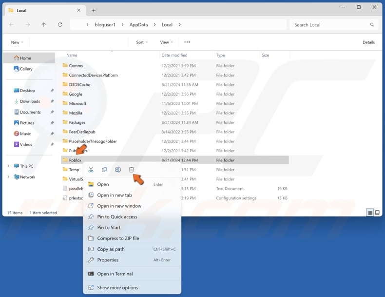 Right-click the Roblox folder and click Delete
