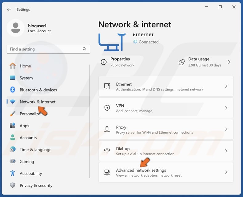 Select the Network & internet panel and select Advanced network settings.