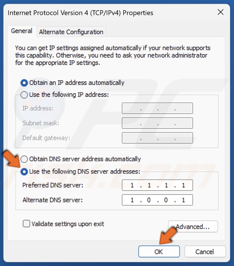 Tick the Use the following DNS server addresses option and enter ne Preferred and Alternate DNS server addresses