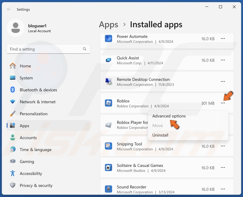 Click the three dots next to Roblox and click Advanced options