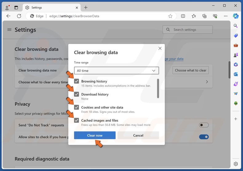 Ensure the Browsing history, Download history, Cookies and other site data, and Cached images and files checkboxes are marked