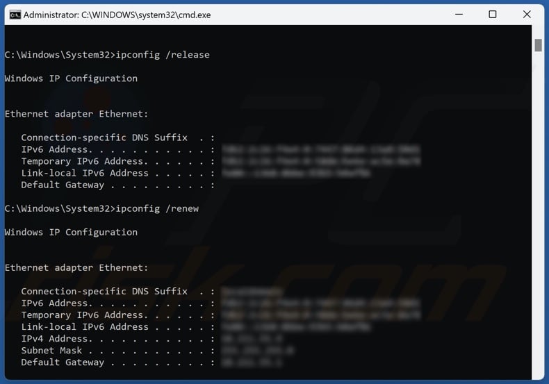 Run ipconfig /release and ipconfig /renew commands
