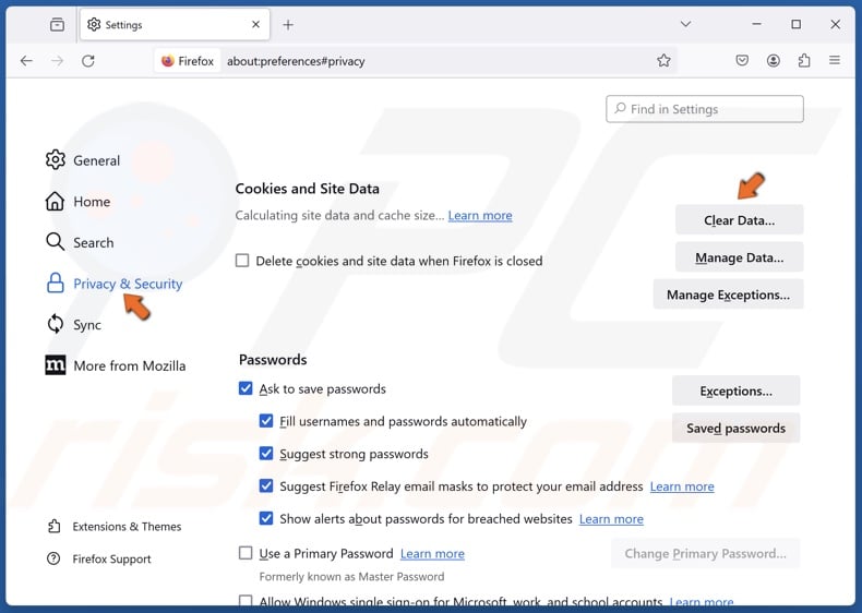 Select the Privacy & Security panel and click Clear Data