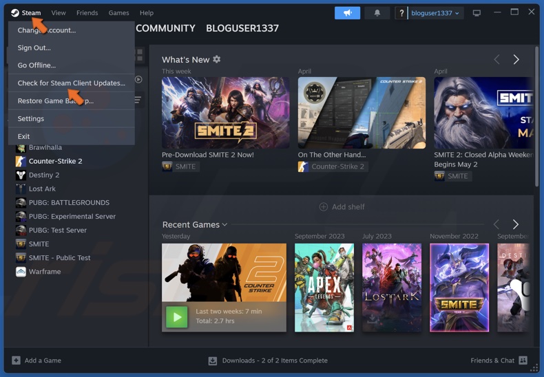 Click Steam in the menu bar and click Check for Steam Client Updates