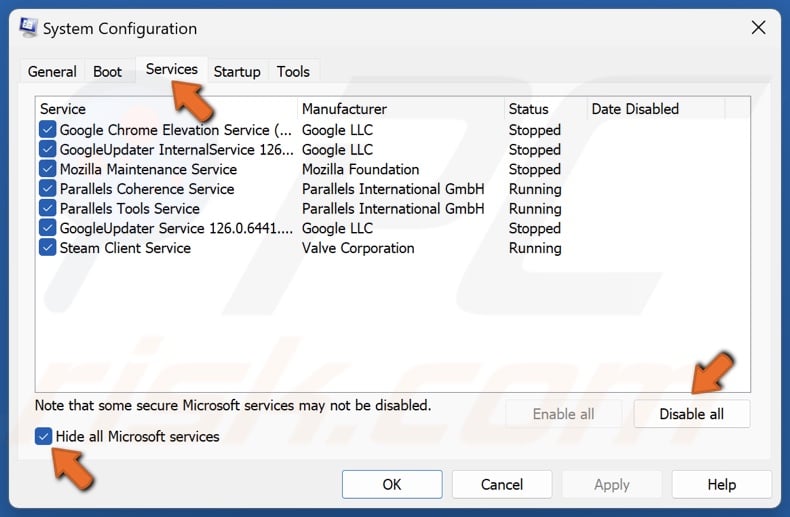 Select the Services tab, mark Hide all Microsoft services and click Disable all