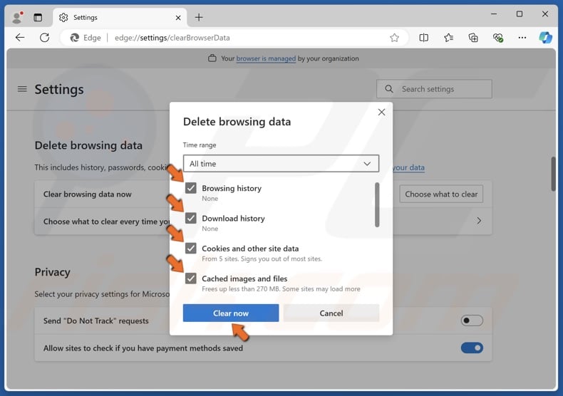 Ensure that the Browsing history, Download history, Cookies and other site data, and Cached images and files checkboxes are marked and click Clear now