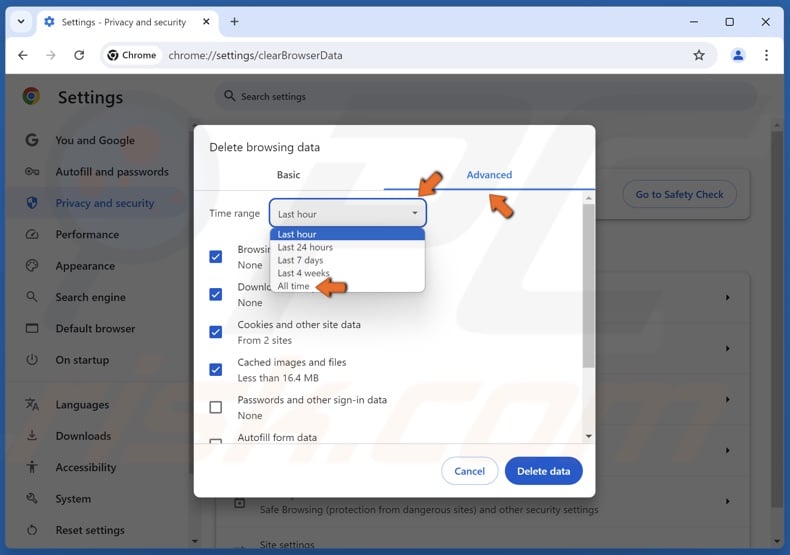 Select the Advanced tab and open the Time range menu and select All time