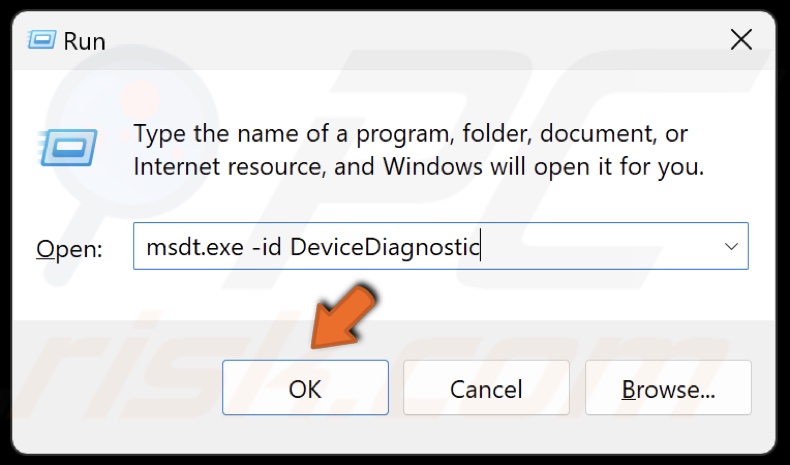Type msdt.exe -id DeviceDiagnostic in Run and click OK