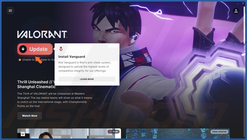 Click Update to install Riot Vanguard and update Valorant