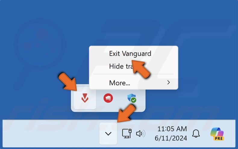 Right-click the Riot Vanguard icon and click Exit Vanguard