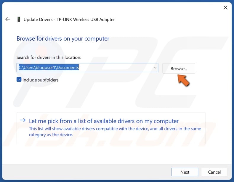 Click Browse and select manually downloaded driver