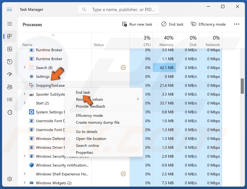 Right-click SnippingTool.exe and click End task