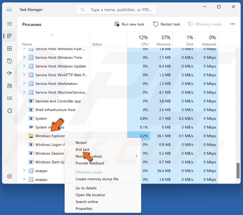 Right-click Windows Explorer and click End task