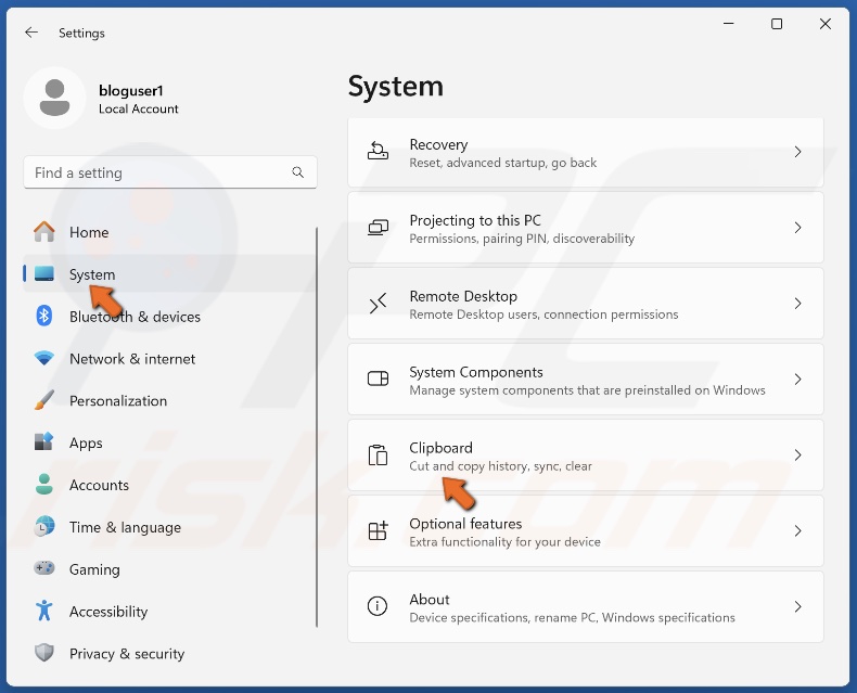 Select the System panel and select Clipboard