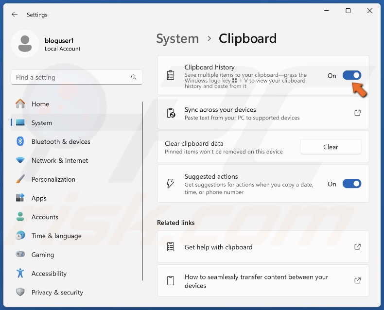 Toggle on Clipboard history