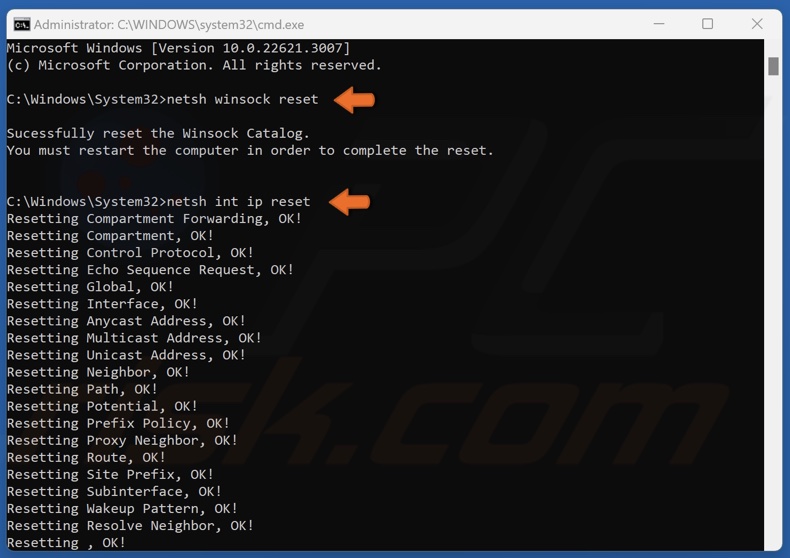 Execute netsh winsock reset and netsh int ip reset commands