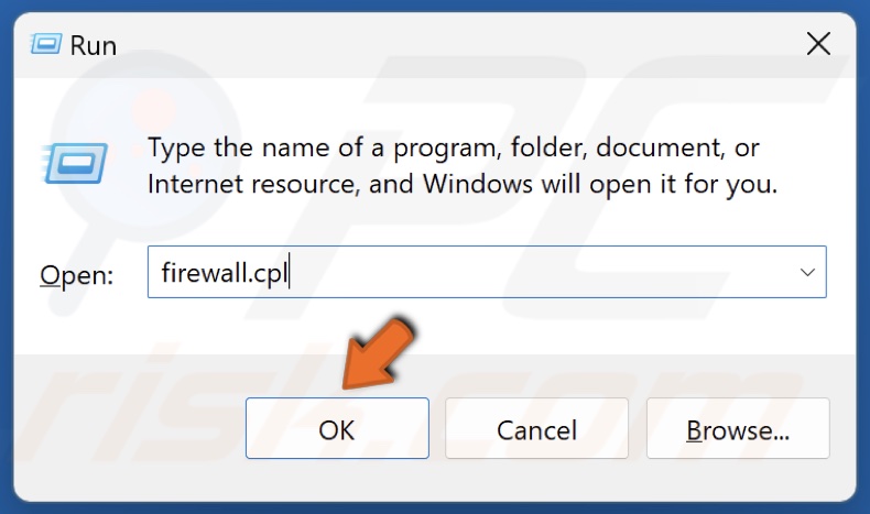 Type firewall.cpl in the Run dialog and click OK