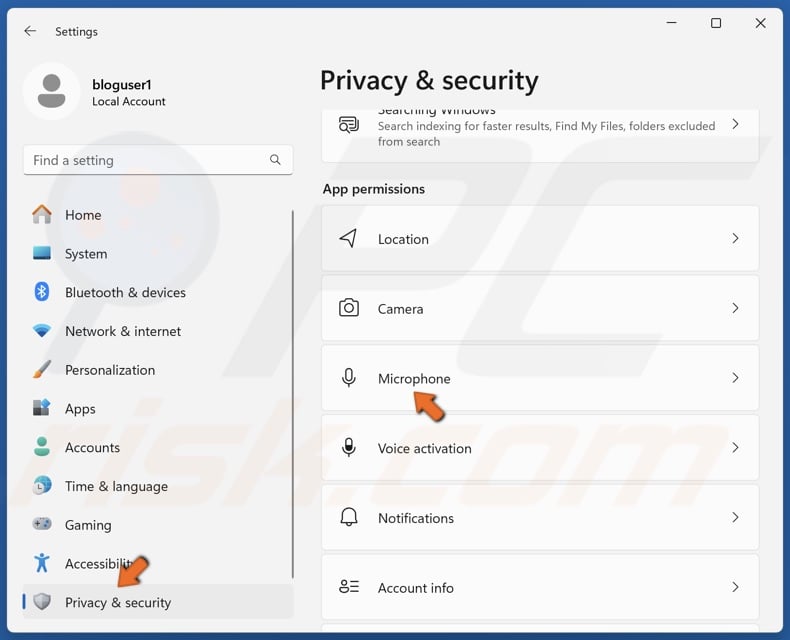 Select the Privacy & security panel and click Microphone