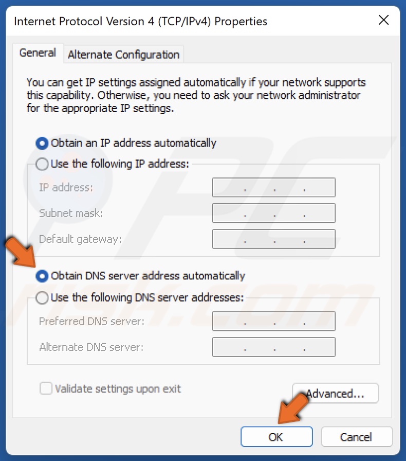 Tick Obtain DNS server address automatically and click OK