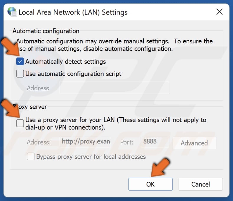 Unmark Use a proxy server for your LAN and mark Automatically detect settings