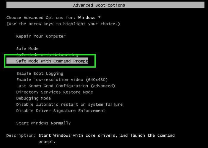 restauración del sistema usando DOS en Windows 7