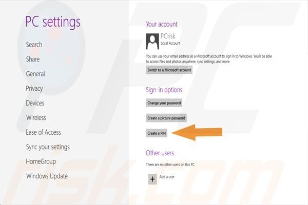 Activating PIN lock screen in Windows 8 step 4