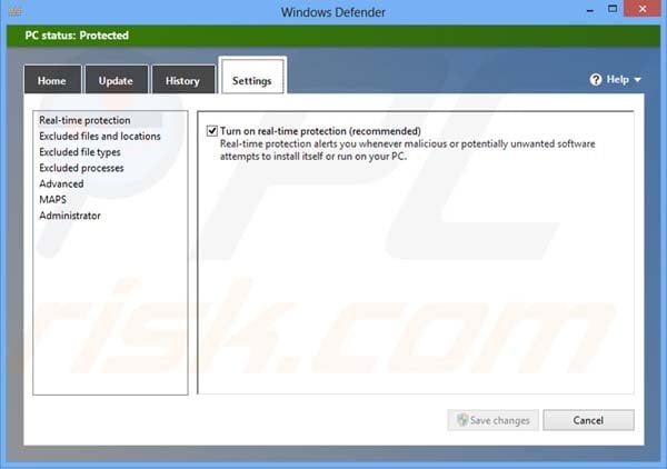 Windows Defender settings