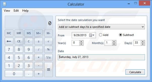 Windows 8 date calculation substraction