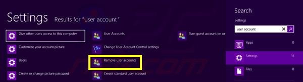 How to remove user account in Windows 8 step 1