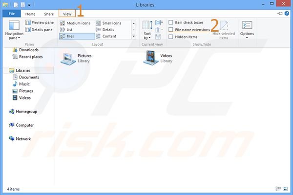 Changing Windows 8 settings to view file name extensions step 2