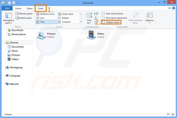 Windows 8 viewing hidden files and folders step 2