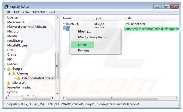 Deleting the registry entry of an "Installed by enterprise policy" extension