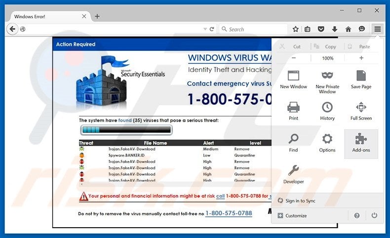 Removing WINDOWS VIRUS WARNING! Identity Theft and Hacking Possibilities ads from Mozilla Firefox step 1