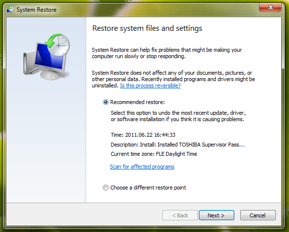 Windows 7 system restore screen